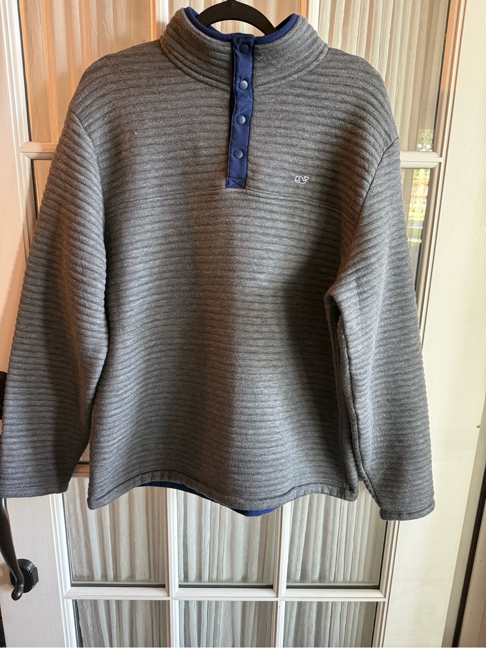 Vineyard Vines Gray Ribbed Quarter-Snap Pullover with Navy Trim